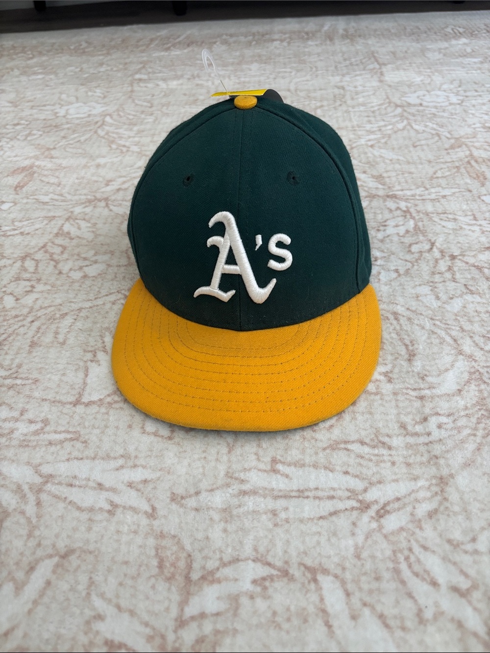 Kids Baseball Cap in Dark Green with Yellow Brim featuring White 'A's' Logo